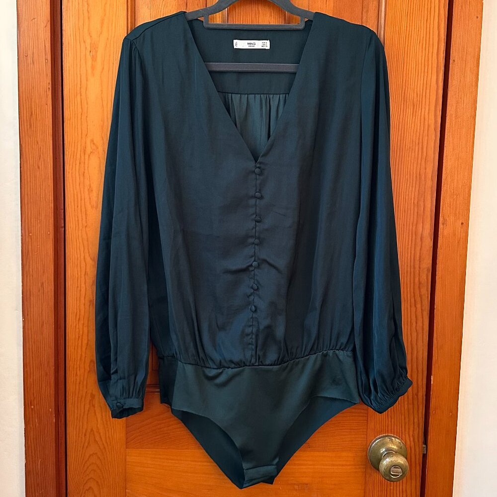 MNG Dark Green V-Neck Long Sleeve Satin Bodysuit - Size Small / EU 4